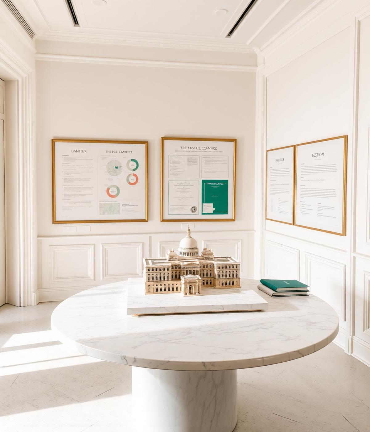 A refined off-white business gallery with architectural model and emerald folders