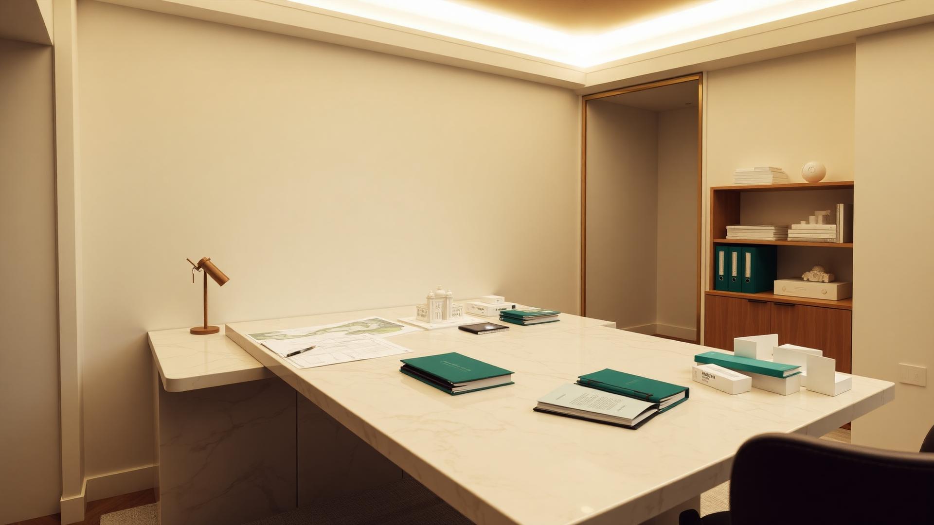 A private strategy studio with marble desk and emerald folders