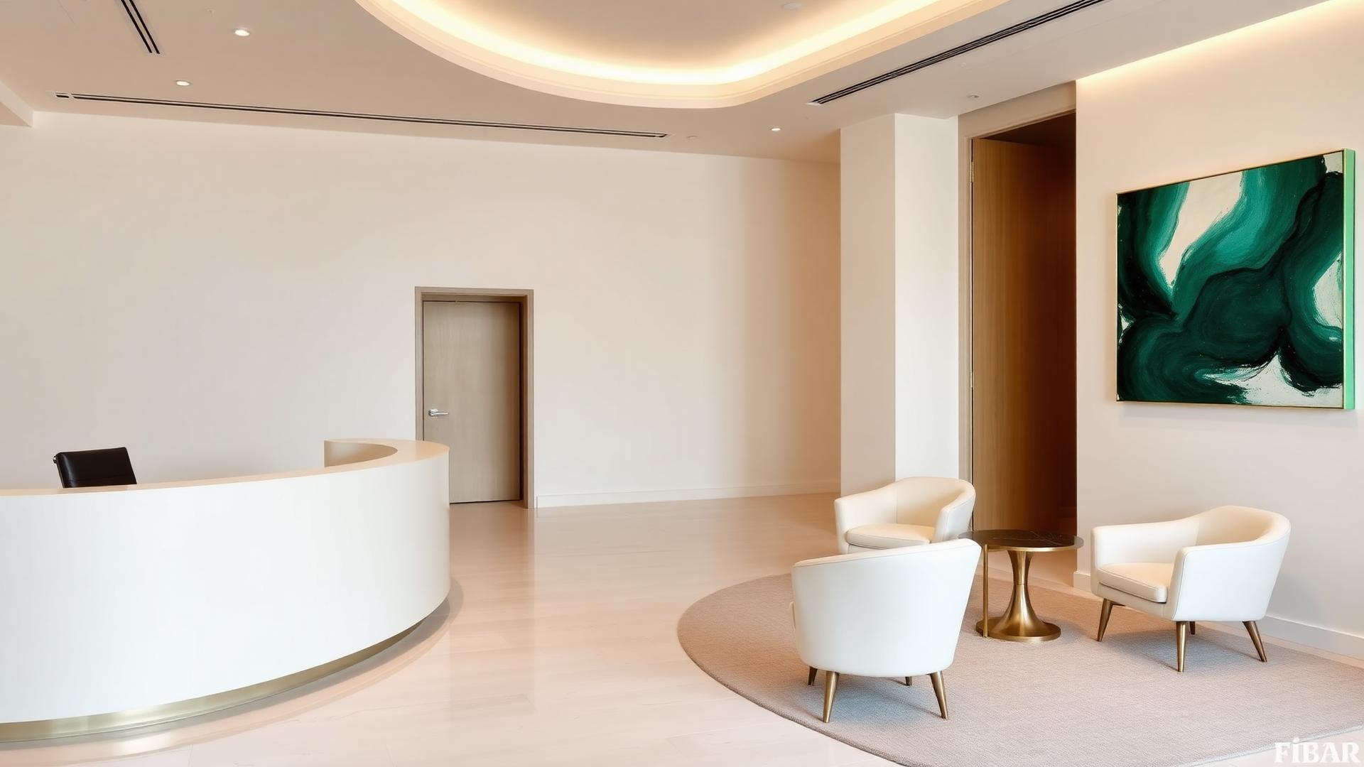A private off-white contact lounge with emerald artwork and brass lighting