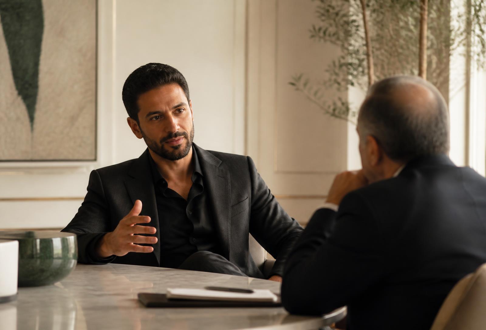 Mamoon Al-Lami in conversation with an investor in a private boardroom