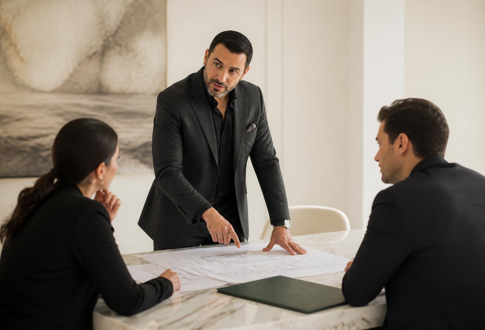 Mamoon Al-Lami presenting project drawings to colleagues at a marble table