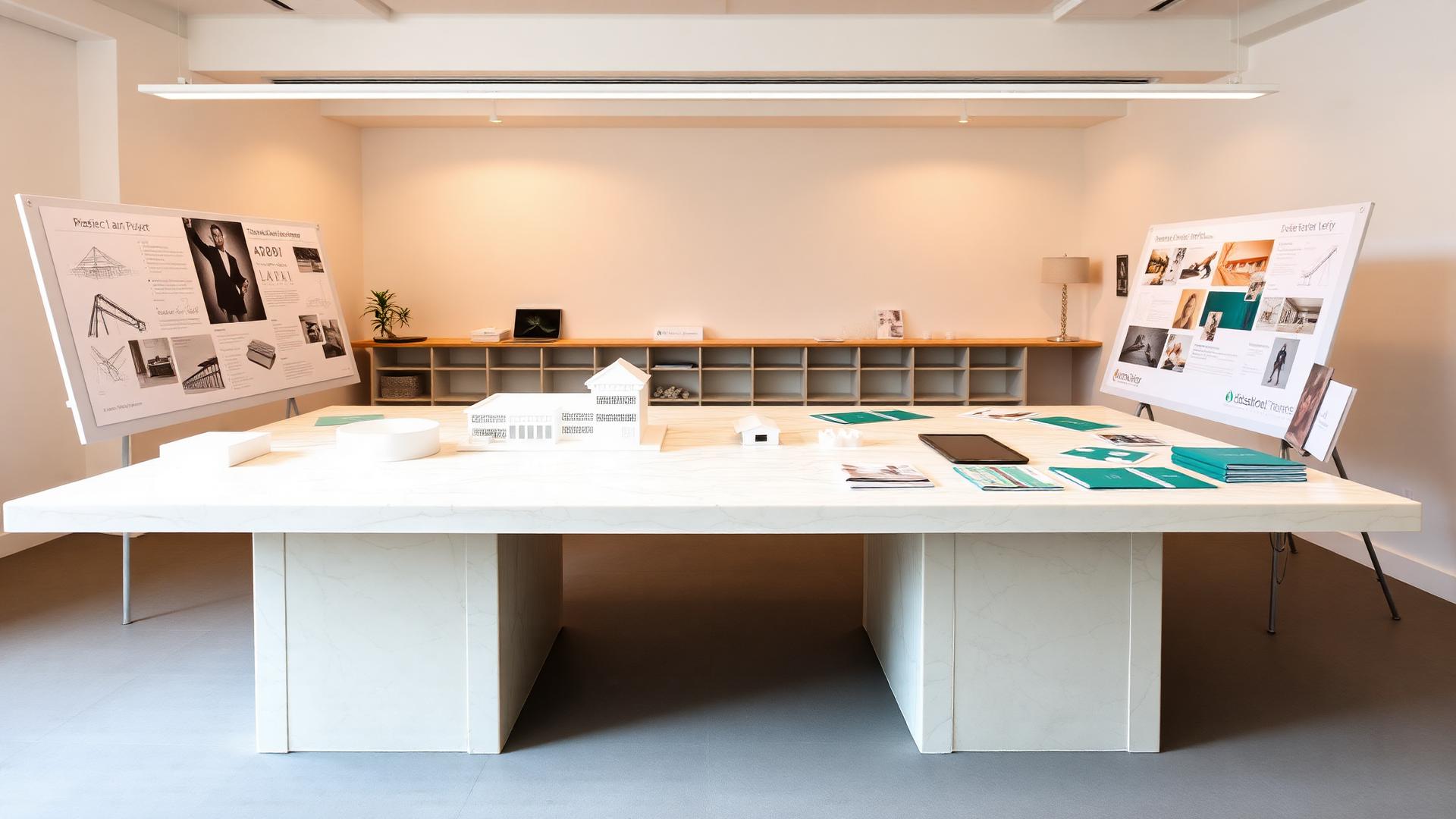A bright professional strategy studio with project boards, models, and emerald folders